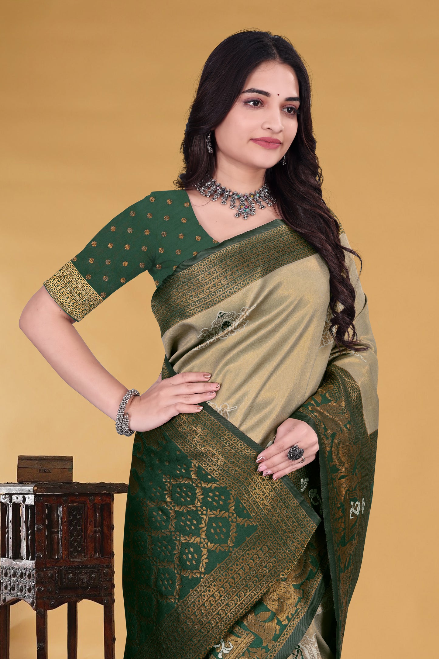 Green & Golden Banarasi Silk Saree with Zari Weaving