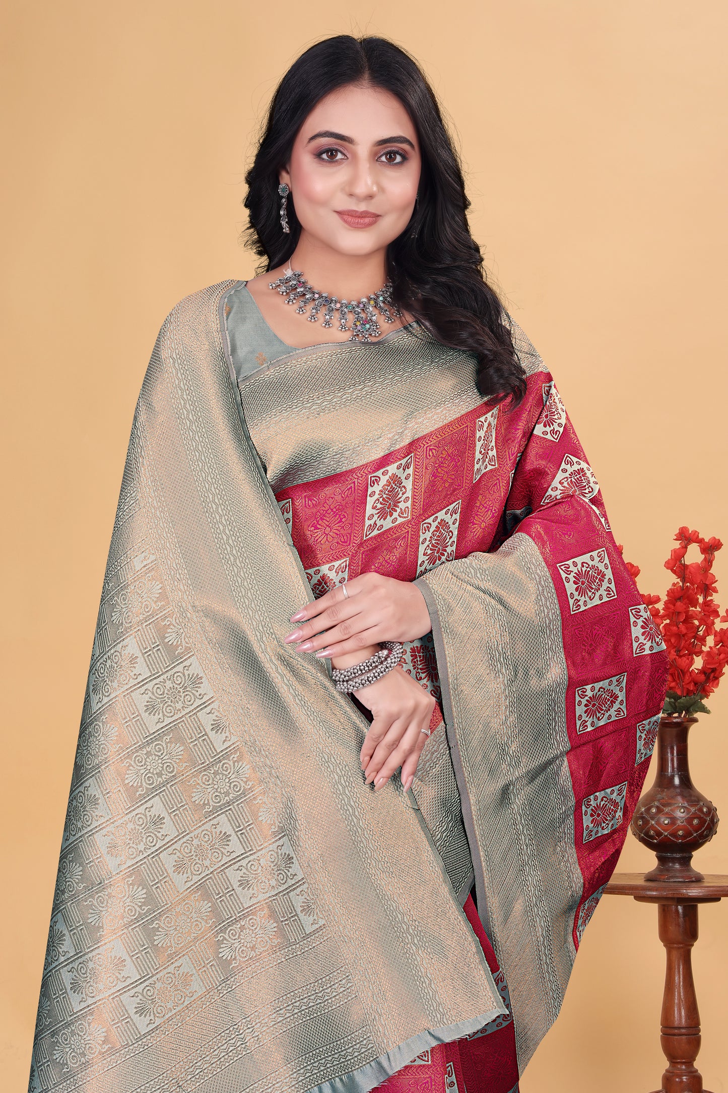 Golden Red Banarasi Silk Saree with Zari Weaving