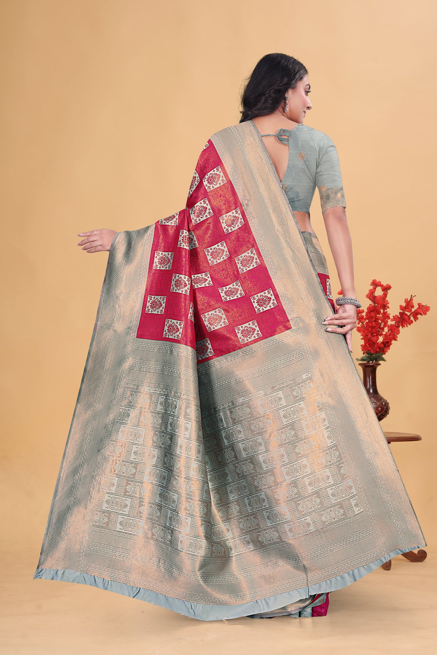Golden Red Banarasi Silk Saree with Zari Weaving