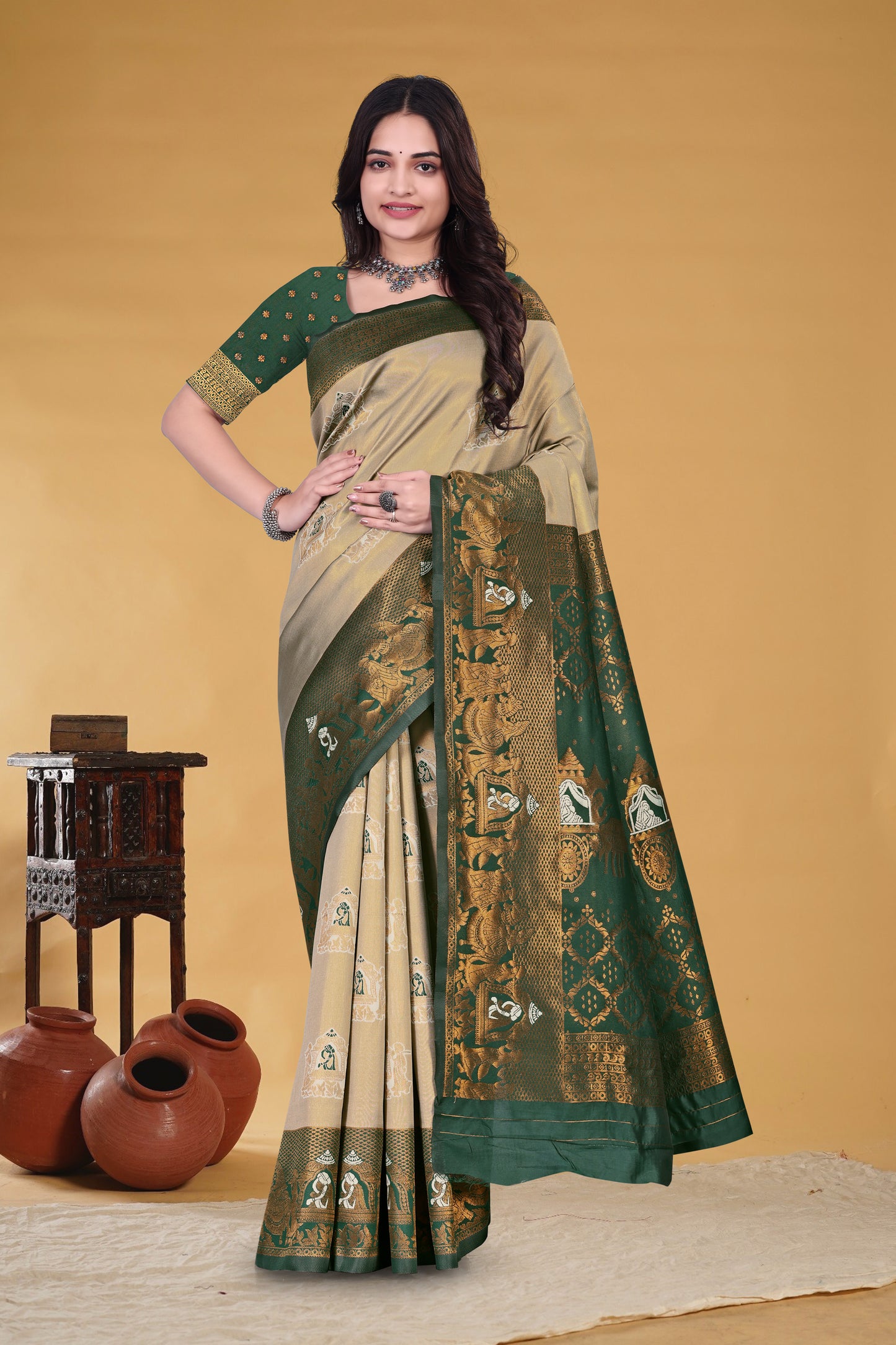 Green & Golden Banarasi Silk Saree with Zari Weaving