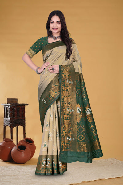 Green & Golden Banarasi Silk Saree with Zari Weaving