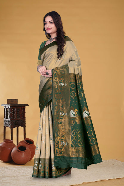 Green & Golden Banarasi Silk Saree with Zari Weaving