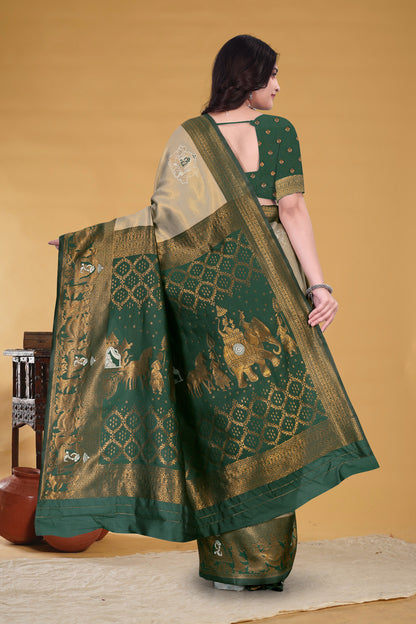 Green & Golden Banarasi Silk Saree with Zari Weaving