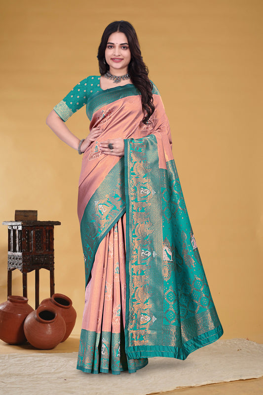 Peach Pink & Teal Green Banarasi Silk Saree with Golden Zari Weave