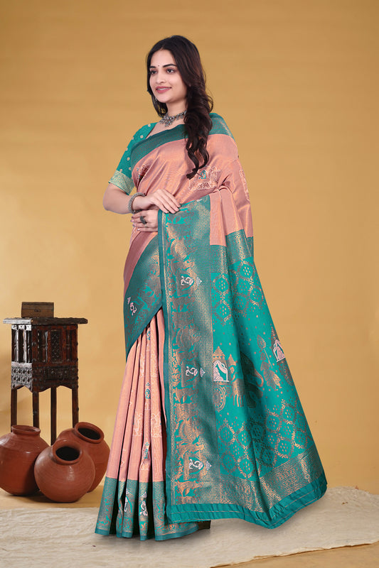 Peach Pink & Teal Green Banarasi Silk Saree with Golden Zari Weave