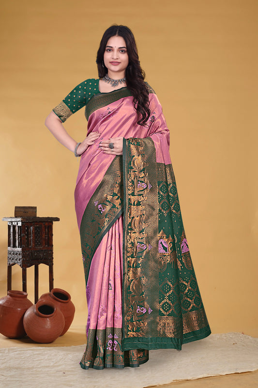 Lavender Pink & Bottle Green Banarasi Silk Saree with Antique Zari Weave