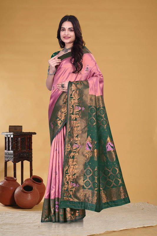 Lavender Pink & Bottle Green Banarasi Silk Saree with Antique Zari Weave