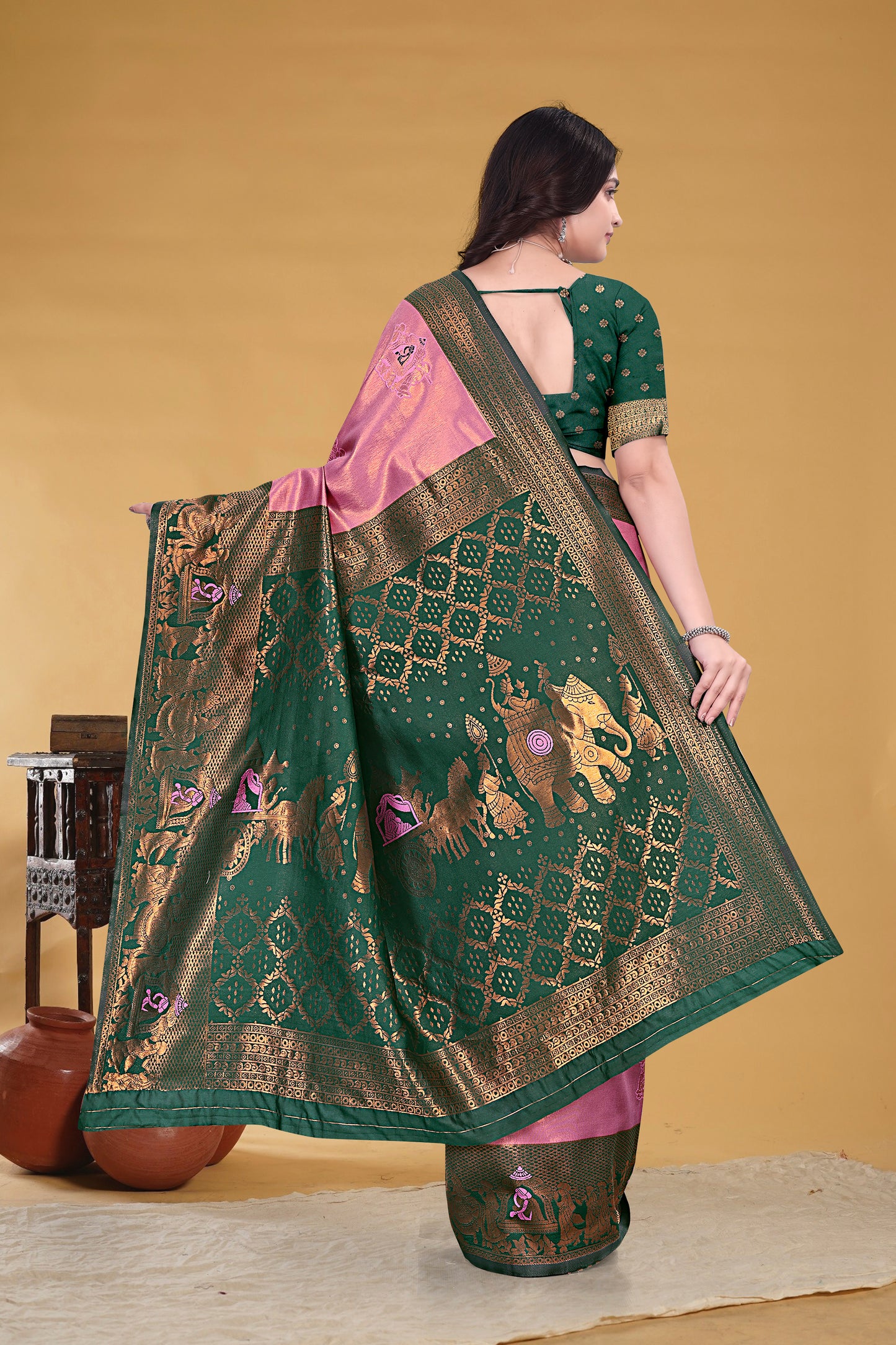 Lavender Pink & Bottle Green Banarasi Silk Saree with Antique Zari Weave