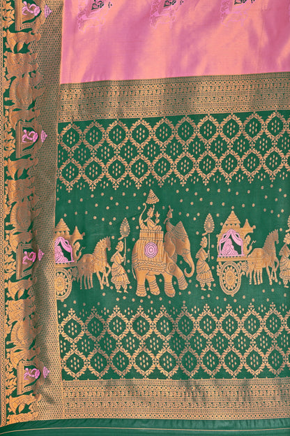 Lavender Pink & Bottle Green Banarasi Silk Saree with Antique Zari Weave