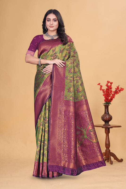Royal Green and Plum Banarasi Silk Saree with Zari Weaving