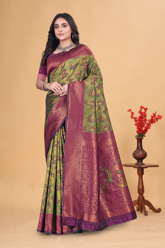 Royal Green and Plum Banarasi Silk Saree with Zari Weaving