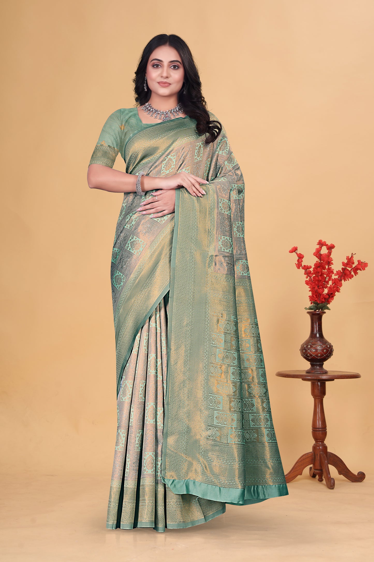 Golden Green Banarasi Silk Saree with Zari Weaving