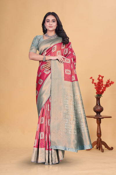 Golden Red Banarasi Silk Saree with Zari Weaving