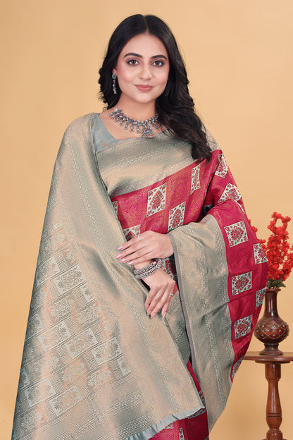Golden Red Banarasi Silk Saree with Zari Weaving