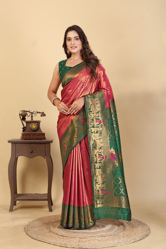 Elegant Royal Maroon & Emerald Green Banarasi Silk Saree with Zari Weaving