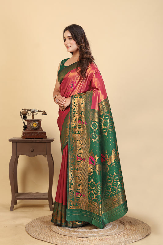 Elegant Royal Maroon & Emerald Green Banarasi Silk Saree with Zari Weaving