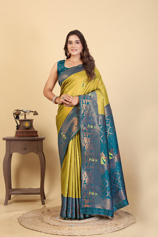Elegant Yellow Blue Border Banarasi Silk Saree with Zari Weaving