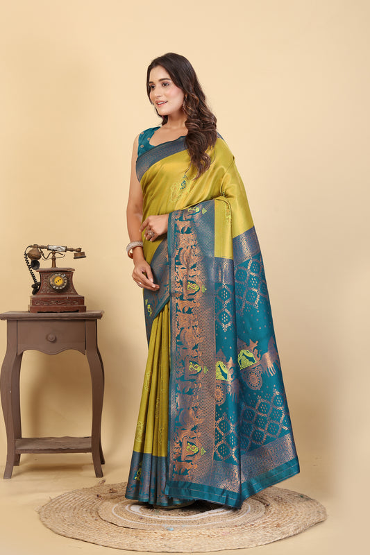 Elegant Yellow Blue Border Banarasi Silk Saree with Zari Weaving